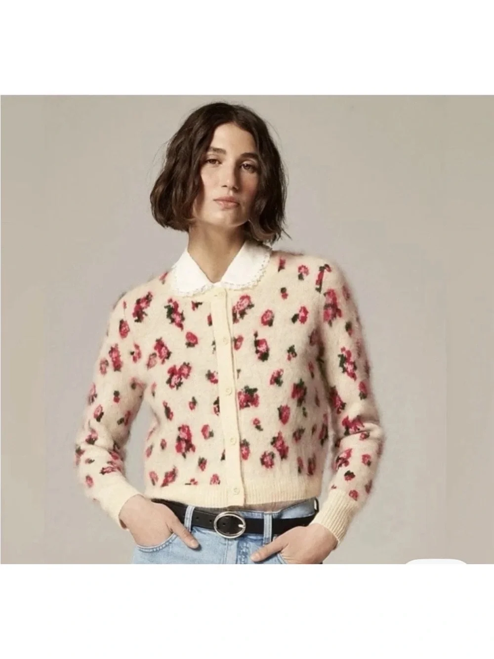 J. Crew Cream Floral Cropped Button-Up Cardigan with Pink Rose Print.